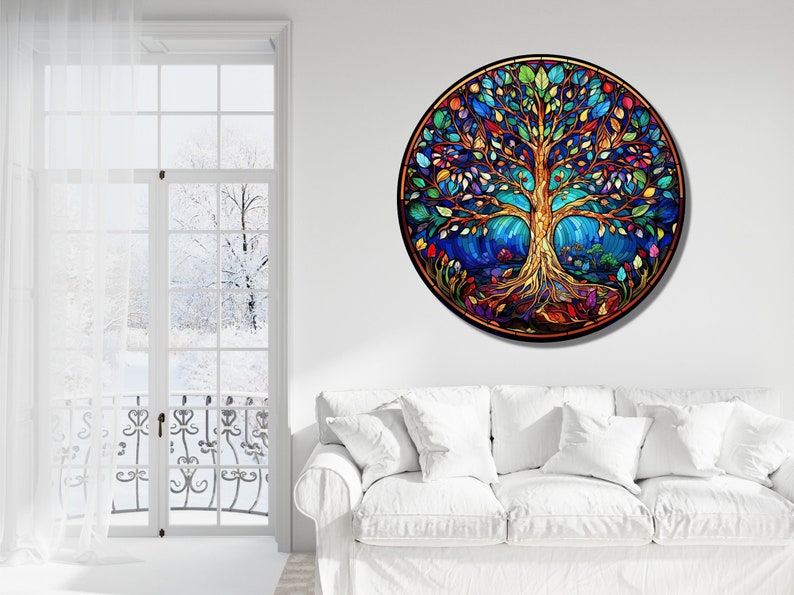 Tree of Life Stained Glass Wall Painting -Home&Office Wall Art Decor Round Wall Hangings-Stain Glass Art Deco Panel Uv Printing-Stepmom Gift image 8