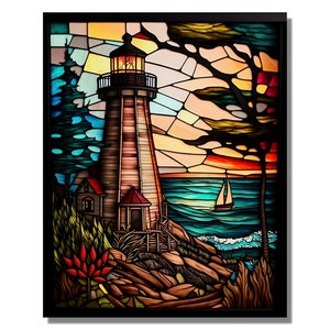 May include: A stained glass artwork depicting a lighthouse with a red roof and a white tower, set against a colorful sunset sky. The lighthouse is situated on a rocky coastline with a small sailboat in the distance.