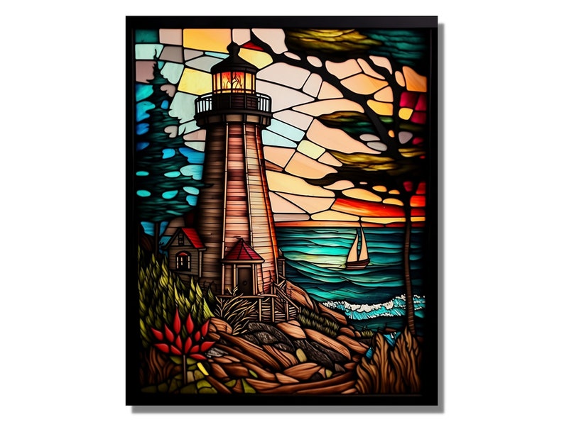 May include: A stained glass artwork depicting a lighthouse with a red roof and a white tower, set against a colorful sunset sky. The lighthouse is situated on a rocky coastline with a small sailboat in the distance.