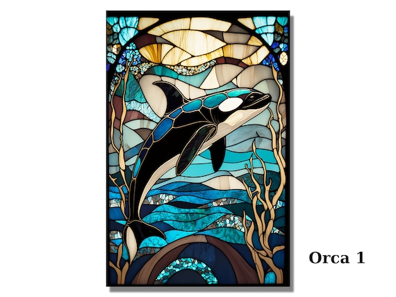 Orca Stained Glass Wall Painting Window Wall Hangings Sea Art Work,Stained Glass Design, Home Office Glass Wall Art Decor Large,Stepmom Gift