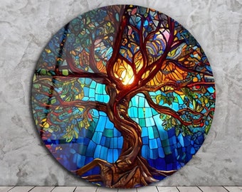 Stained Glass Painting Life of Tree Wall Decor-Stained Glass Window Wall Hangings Panel-Glass Printing Wall Art Round-Stepdad Stepmom Gift