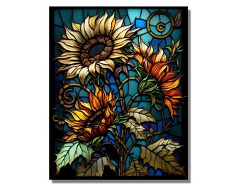 Sunflower Stained Glass Wall Painting Window Wall Hangings Panel Gift, Stain Glass Flower Art, Home&Office Glass Wall Art Work Decor Floral