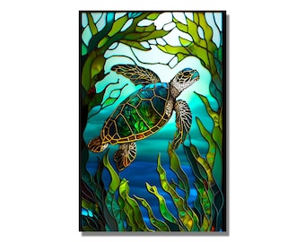 Stained Glass Wall Painting Art Sea Life Turtle, Stain Glass Window Wall Hangings, Home Office Glass Printing Wall Art Decor, Stepmom Gift