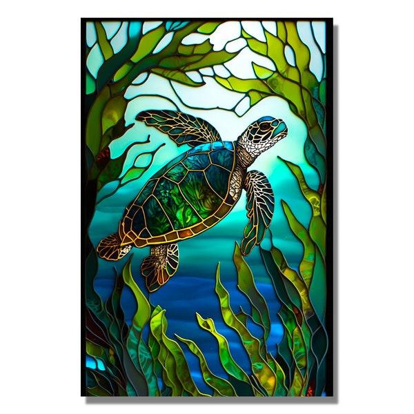 Stained Glass Wall Painting Art Sea Life Turtle, Stain Glass Window Wall Hangings, Home Office Glass Printing Wall Art Decor, Stepmom Gift