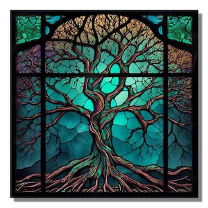 Tree of Life Stained Glass Wall Painting Art Work, Stained Glass Window Wall Hangings, Home Wall Decor Large Stain Glass Art Deco Panel Gift