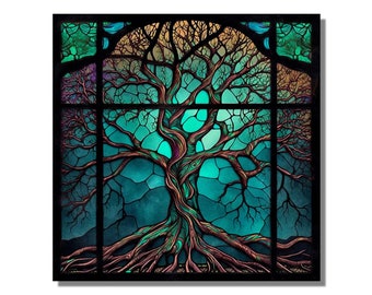 Tree of Life Stained Glass Wall Painting Art Work, Stained Glass Window Wall Hangings, Home Wall Decor Large Stain Glass Art Deco Panel Gift
