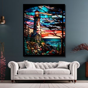 May include: A stained glass artwork depicting a lighthouse on a rocky shore with a colorful sunset in the background. The lighthouse is white with red stripes and has a small window. The water is blue and green and there are waves crashing on the shore. The sky is a mix of pink, orange, and blue.