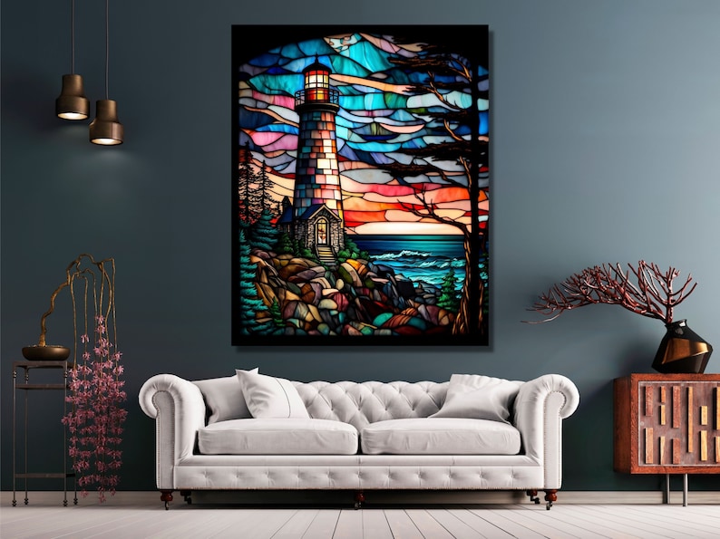 May include: A stained glass artwork depicting a lighthouse on a rocky shore with a colorful sunset in the background. The lighthouse is white with red stripes and has a small window. The water is blue and green and there are waves crashing on the shore. The sky is a mix of pink, orange, and blue.