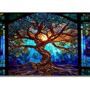 Tree of Life Stained Glass Window Glass Wall Art Work, Stain Glass Pattern Wall Painting Gift, Office&Home Decor, Stain Glass Art Deco Panel