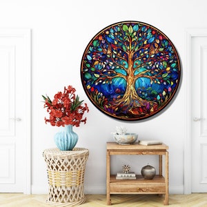 Tree of Life Stained Glass Wall Painting -Home&Office Wall Art Decor Round Wall Hangings-Stain Glass Art Deco Panel Uv Printing-Stepmom Gift image 6