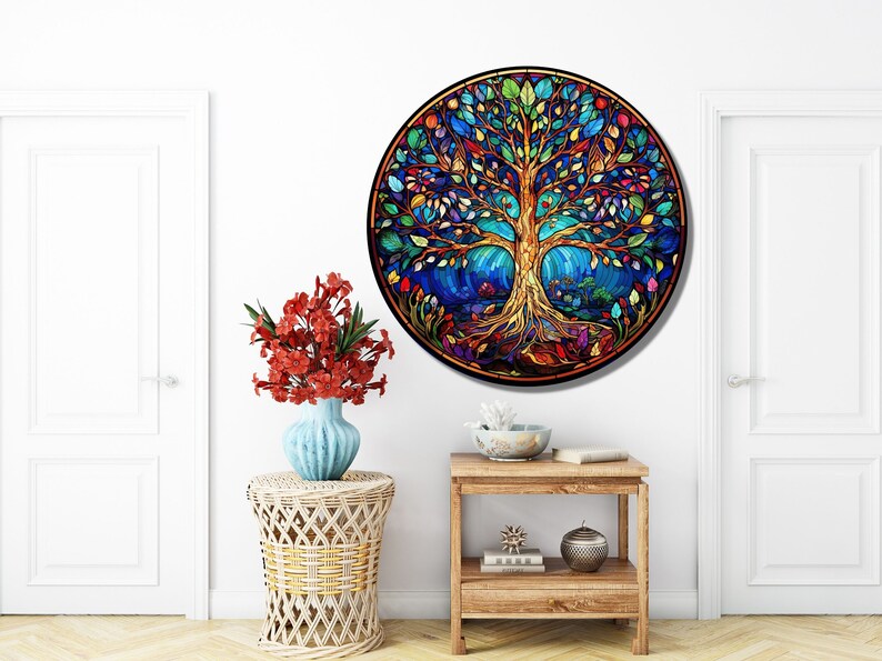 Tree of Life Stained Glass Wall Painting -Home&Office Wall Art Decor Round Wall Hangings-Stain Glass Art Deco Panel Uv Printing-Stepmom Gift image 6