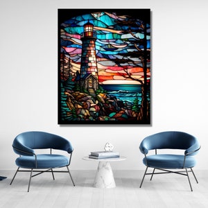 May include: A stained glass artwork depicting a lighthouse on a rocky coastline with a blue ocean and a colorful sunset sky.