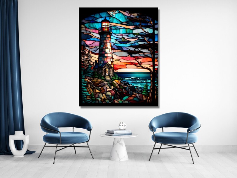 May include: A stained glass artwork depicting a lighthouse on a rocky coastline with a blue ocean and a colorful sunset sky.