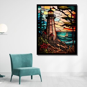 May include: A stained glass artwork depicting a lighthouse on a rocky shore with a sailboat in the distance. The scene is set against a colorful sunset sky with blue, green, orange, and red hues.