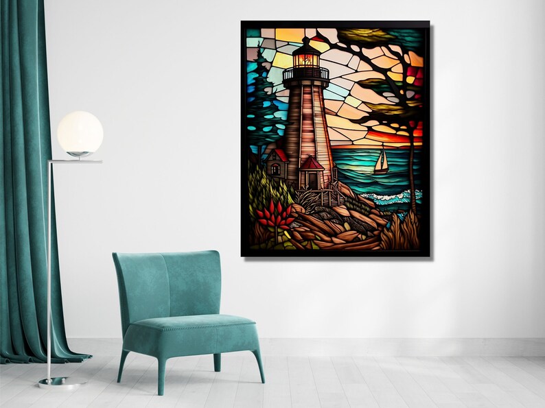 May include: A stained glass artwork depicting a lighthouse on a rocky shore with a sailboat in the distance. The scene is set against a colorful sunset sky with blue, green, orange, and red hues.