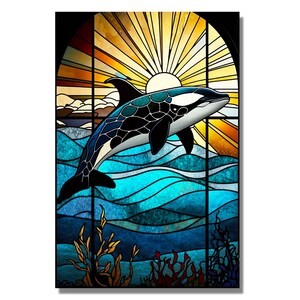 May include: A stained glass window featuring a black and white orca leaping from the water. The orca is silhouetted against a bright yellow sun with orange and yellow rays. The water is a vibrant blue with waves and seaweed.