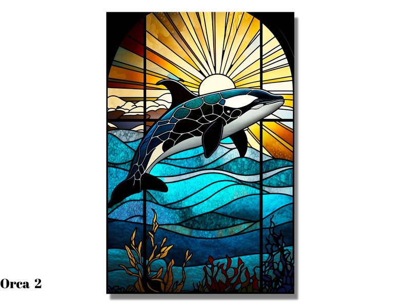 May include: A stained glass window featuring a black and white orca leaping from the water. The orca is silhouetted against a bright yellow sun with orange and yellow rays. The water is a vibrant blue with waves and seaweed.