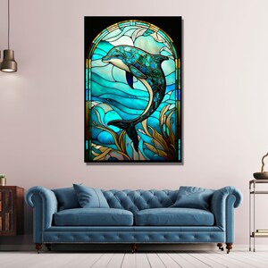 May include: A stained glass window featuring a blue dolphin leaping from the water. The dolphin is surrounded by blue, green and gold stained glass.