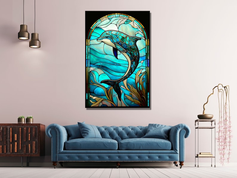 May include: A stained glass window featuring a blue dolphin leaping from the water. The dolphin is surrounded by blue, green and gold stained glass.