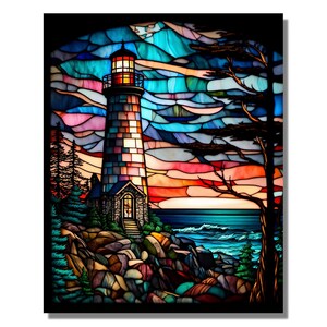 May include: A stained glass artwork depicting a lighthouse on a rocky shore with a blue ocean and a colorful sunset sky. The lighthouse is red, white, and blue with a light on top. The sky is a mix of blue, green, and pink.
