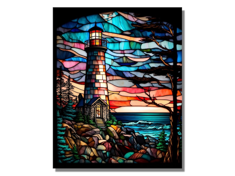May include: A stained glass artwork depicting a lighthouse on a rocky shore with a blue ocean and a colorful sunset sky. The lighthouse is red, white, and blue with a light on top. The sky is a mix of blue, green, and pink.