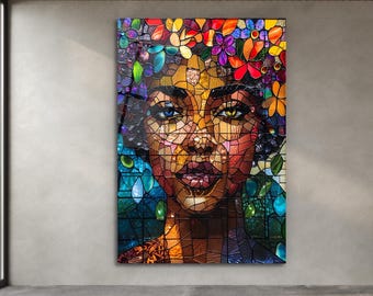 Abstract Portrait Glass Wall Art, Colorful Stained Glass Style Modern Home Decor