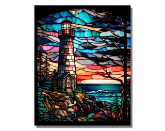 Stained Glass Design Art Work Lighthouse-Large Wall Art-Wall Hangings-Stained Glass Art Deco Panel-Stepmom Gift-Office&Home Wall Decor Sea