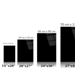 May include: A comparison of different sizes of black canvas prints, ranging from A4 to 27 inches by 43 inches. The sizes are listed in both inches and centimetres.