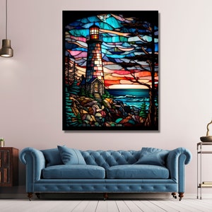 May include: A stained glass style artwork depicting a lighthouse on a rocky shore with a blue ocean and a colorful sunset sky.