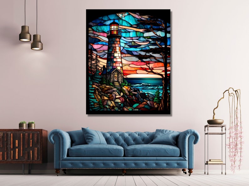 May include: A stained glass style artwork depicting a lighthouse on a rocky shore with a blue ocean and a colorful sunset sky.