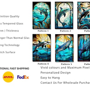 May include: Six different stained glass designs featuring various sea creatures, including dolphins and whales. The designs are vibrant and colourful, with a blue and green colour scheme. The glass is 0.2 inches (4 mm) thick and is 10 times stronger than normal glass. The designs are printed using UV printing technology and have an anti-scratch surface.