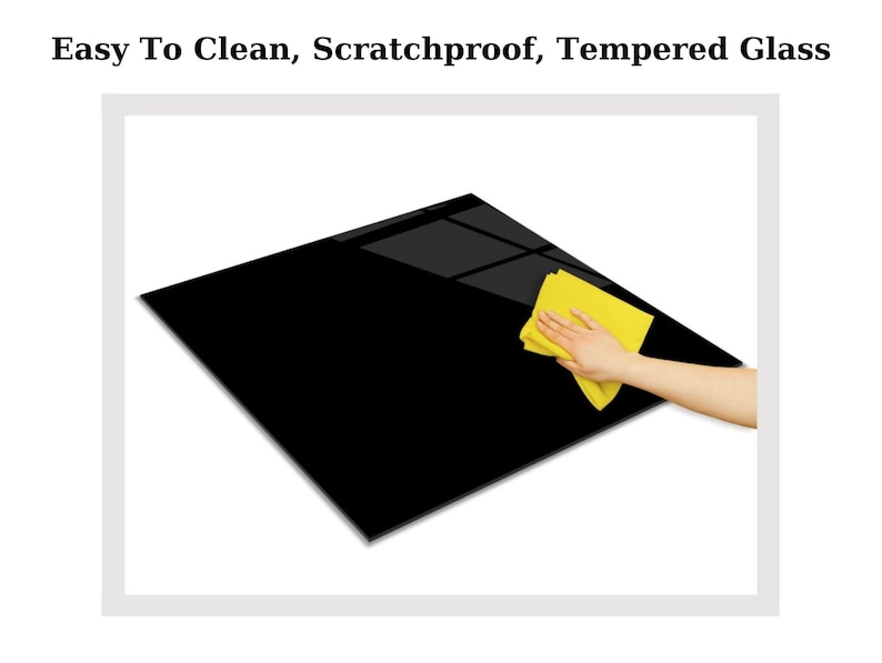 May include: A black tempered glass surface being cleaned with a yellow microfiber cloth. Easy to clean, scratchproof, tempered glass.