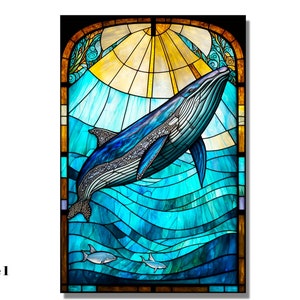 May include: A stained glass window featuring a blue whale swimming upwards in a turquoise ocean. The whale is surrounded by smaller fish and the sun shines down from above.