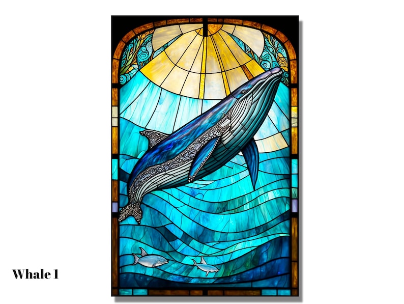 May include: A stained glass window featuring a blue whale swimming upwards in a turquoise ocean. The whale is surrounded by smaller fish and the sun shines down from above.