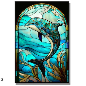 May include: A stained glass window featuring a blue dolphin leaping from the water. The dolphin is surrounded by blue, green, and gold waves and seaweed.