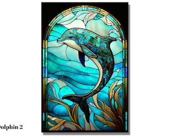 Sea Life Stained Glass Wall Painting Window Wall Hangings Panel, Stained Glass Art Work Design, Home Office Glass Wall Art Decor Gift Large