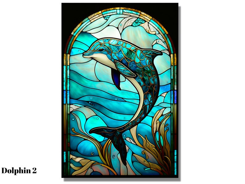May include: A stained glass window featuring a blue dolphin leaping from the water. The dolphin is surrounded by blue, green, and gold waves and seaweed.