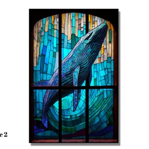 May include: A stained glass window featuring a blue whale swimming upwards in a blue and green ocean. The whale is made of many small pieces of glass, creating a mosaic effect.
