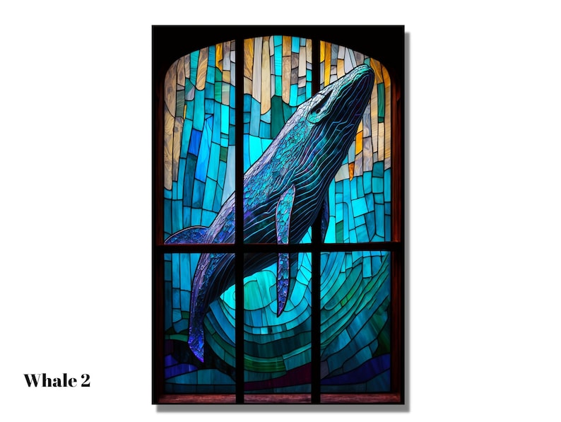 May include: A stained glass window featuring a blue whale swimming upwards in a blue and green ocean. The whale is made of many small pieces of glass, creating a mosaic effect.