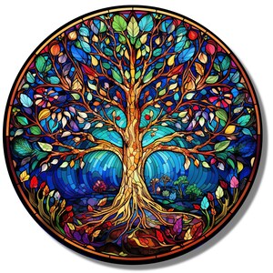 Tree of Life Stained Glass Wall Painting -Home&Office Wall Art Decor Round Wall Hangings-Stain Glass Art Deco Panel Uv Printing-Stepmom Gift Pattern 1