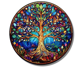 Tree of Life Stained Glass Wall Painting -Home&Office Wall Art Decor Round Wall Hangings-Stain Glass Art Deco Panel Uv Printing-Stepmom Gift