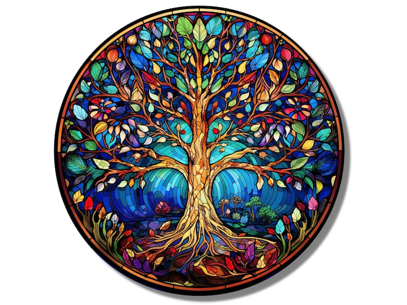 Tree of Life Stained Glass Wall Painting -Home&Office Wall Art Decor Round Wall Hangings-Stain Glass Art Deco Panel Uv Printing-Stepmom Gift Pattern 1
