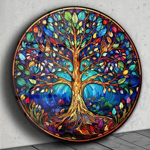 Tree of Life Stained Glass Wall Painting -Home&Office Wall Art Decor Round Wall Hangings-Stain Glass Art Deco Panel Uv Printing-Stepmom Gift