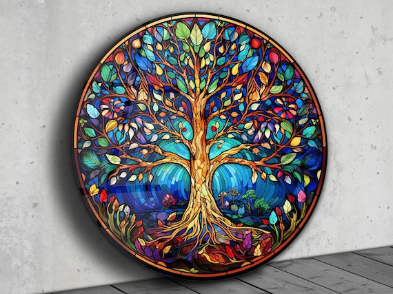 Tree of Life Stained Glass Wall Painting -Home&Office Wall Art Decor Round Wall Hangings-Stain Glass Art Deco Panel Uv Printing-Stepmom Gift