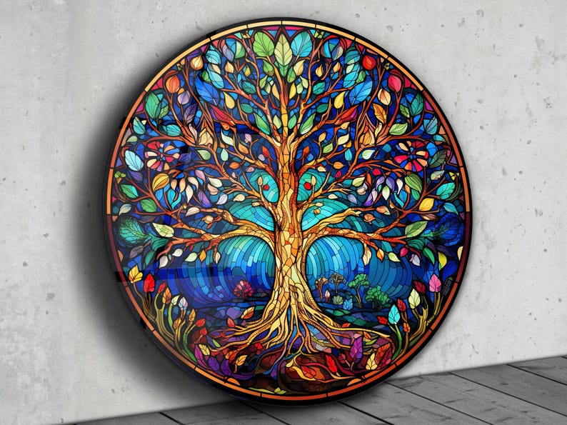 Tree of Life Stained Glass Wall Painting -Home&Office Wall Art Decor Round Wall Hangings-Stain Glass Art Deco Panel Uv Printing-Stepmom Gift image 1
