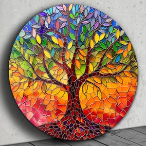 Tree of Life Stained Glass Window Hanging Panel, Home Office Wall Art Prints, Large Round Wall Decor, New Home Gift, Stained Window Decor