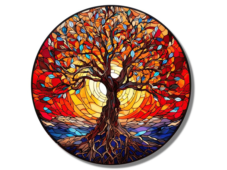 Tree of Life Stained Glass Wall Painting -Home&Office Wall Art Decor Round Wall Hangings-Stain Glass Art Deco Panel Uv Printing-Stepmom Gift Pattern 2
