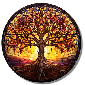 Tree of Life Stained Glass Wall Painting -Home&Office Wall Art Decor Round Wall Hangings-Stain Glass Art Deco Panel Uv Printing-Stepmom Gift Pattern 3