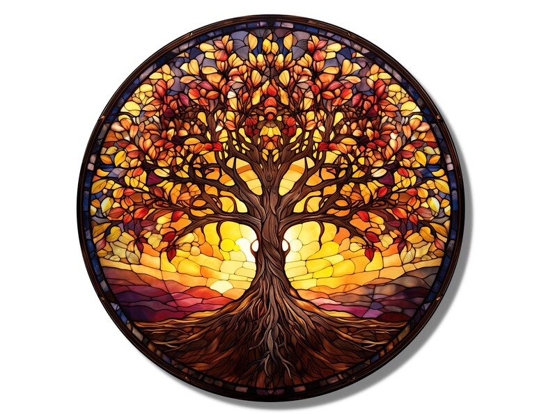 Tree of Life Stained Glass Wall Painting -Home&Office Wall Art Decor Round Wall Hangings-Stain Glass Art Deco Panel Uv Printing-Stepmom Gift Pattern 3