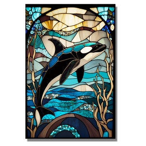 May include: A stained glass artwork depicting an orca whale swimming through a blue and green ocean. The orca is black and white with a blue fin. The ocean is made up of small pieces of glass in various shades of blue and green. The background is a light blue sky with a yellow sun.